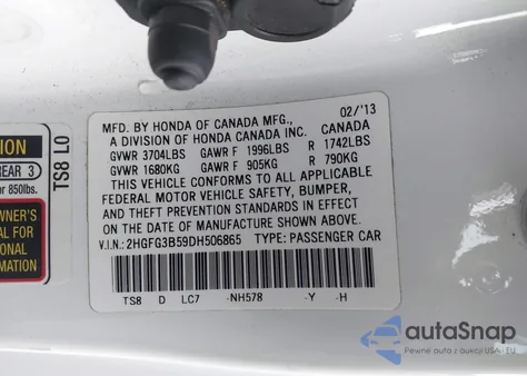 2013 Honda Civic Lx from USA, damaged, VIN 2HGFG3B59DH506865